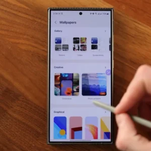 Samsung Galaxy widok z przodu z rysikiem na stole, ręka trzymająca rysik dotyka ekranu. Usługa Serwis Samsung Warszawa.